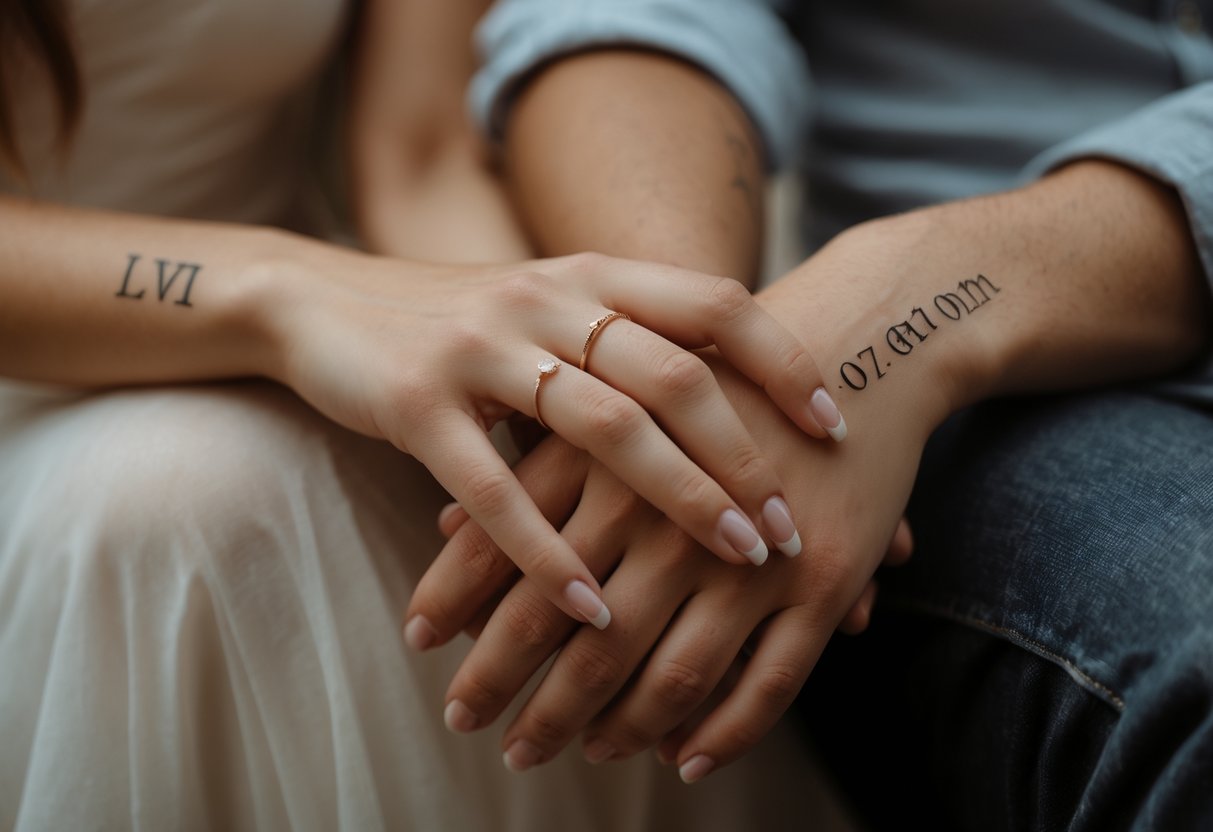 Close-up of a couple's hands showing wedding date tattoos on their wrists as they hold each other gently.
