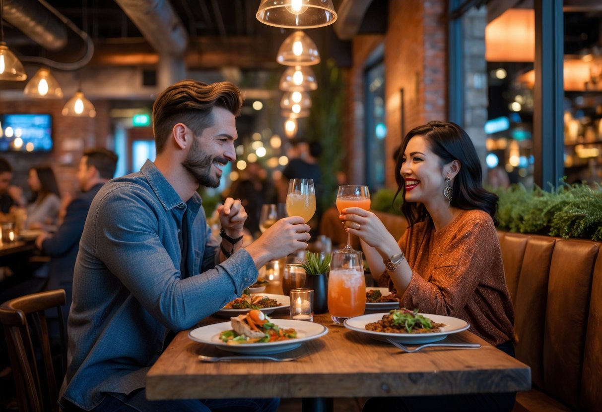 A young couple enjoying dinner together at a warmly lit restaurant with rustic decor and food on the table.