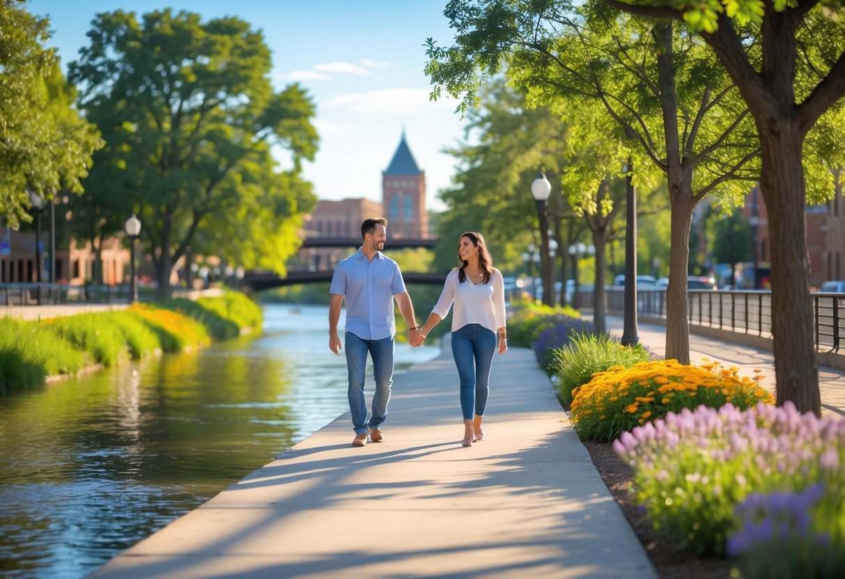 A couple walking hand in hand along a tree-lined river path with a cityscape in the background.