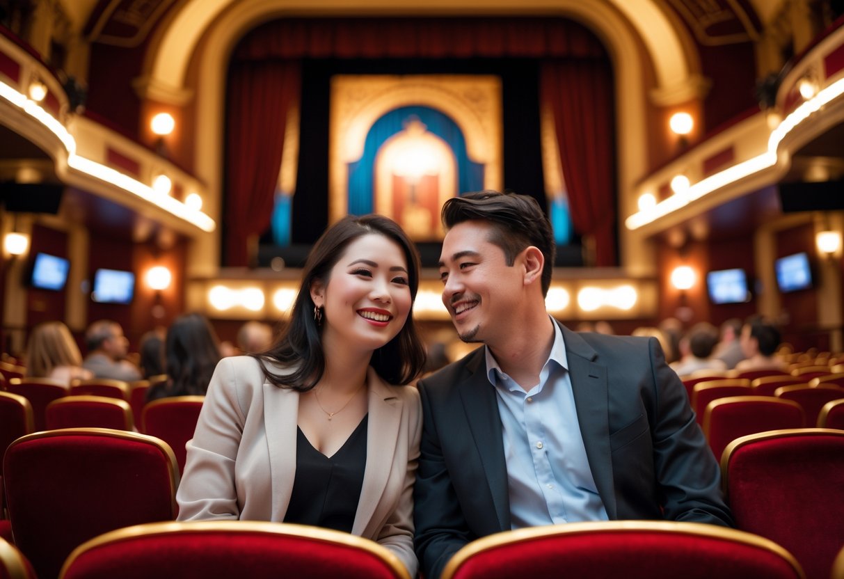 A couple sitting together inside a theater enjoying a live performance.