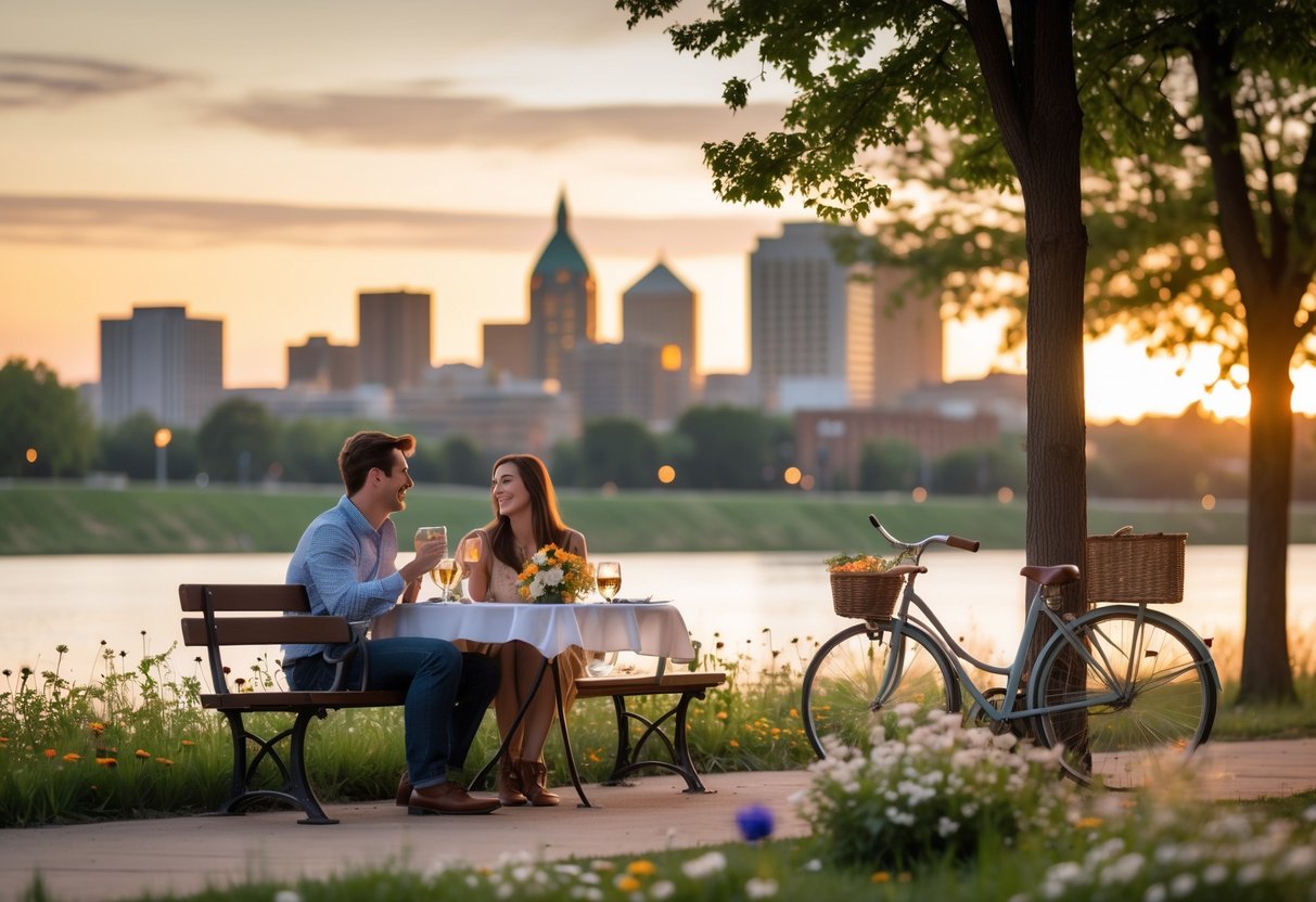 A young couple enjoying a romantic outdoor date at a park near a river with the Topeka skyline in the background during sunset.