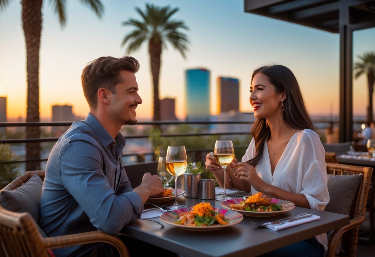 A couple enjoying a romantic outdoor dinner on a rooftop in Tempe at sunset with city buildings and palm trees in the background.