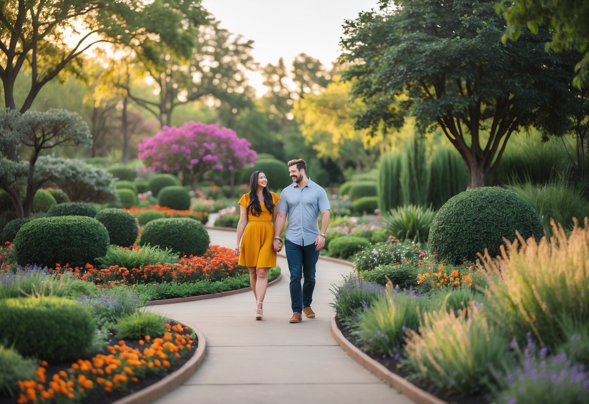 A young couple walking hand-in-hand on a garden path surrounded by flowers and trees at Tulsa Botanic Garden.