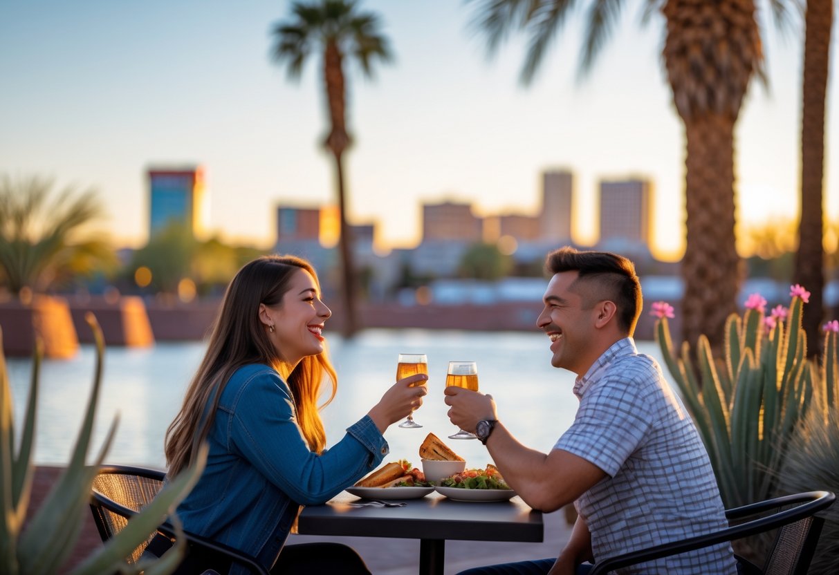 A young couple enjoying a meal together at an outdoor café with Tempe Town Lake and city skyline in the background during sunset.