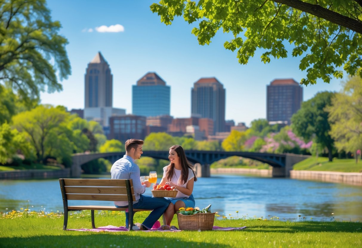 A young couple enjoying a picnic on a bench by a river in a park with trees and flowers, with a city skyline and bridge in the background.