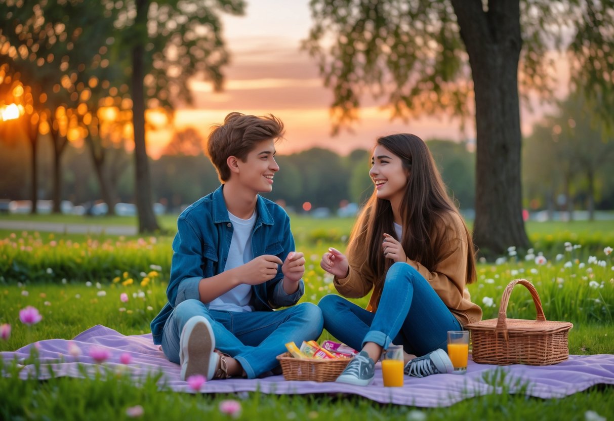Two teenagers sitting on a picnic blanket in a park, smiling and talking during a sunset.