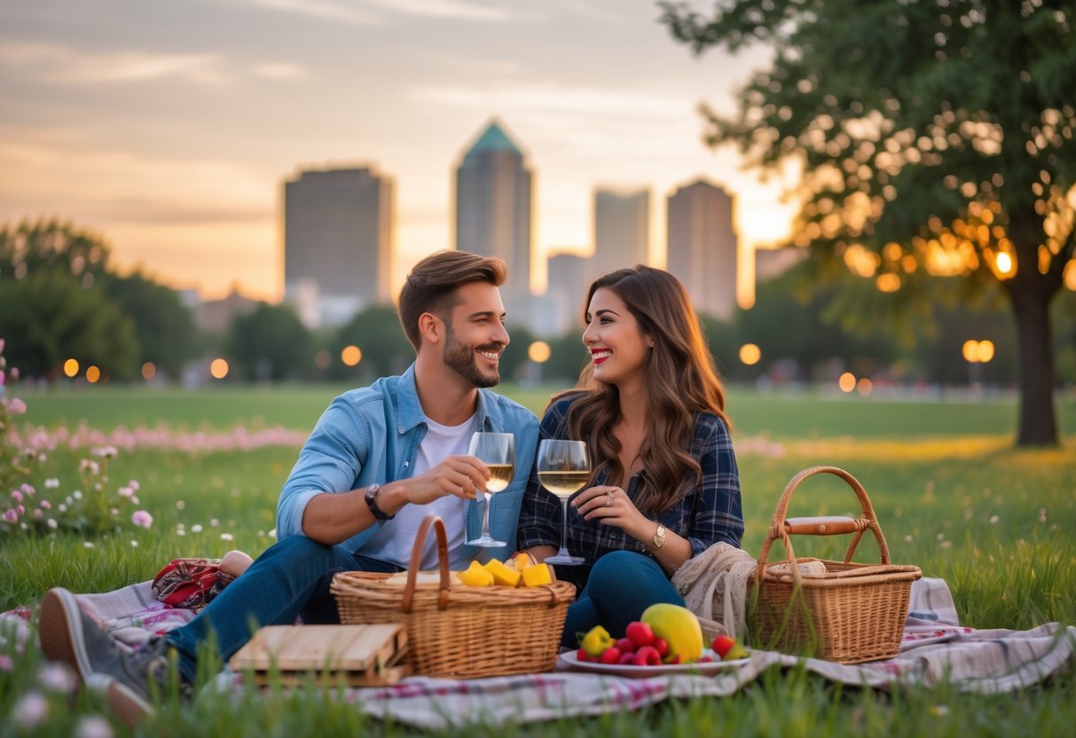 A young couple enjoying a picnic together in a park with the Tulsa skyline in the background during sunset.
