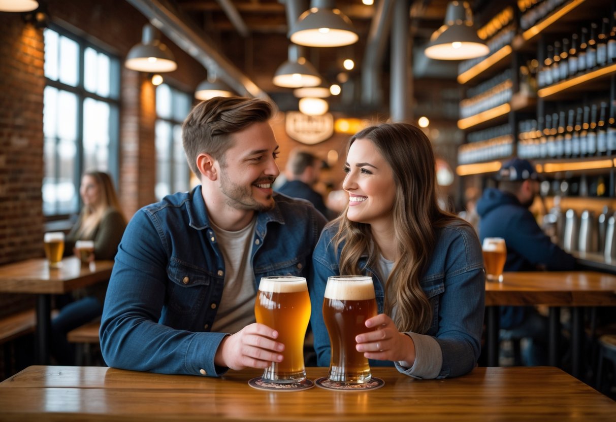 A young couple enjoying craft beers together at a wooden table inside a cozy brewery with exposed brick walls and warm lighting.