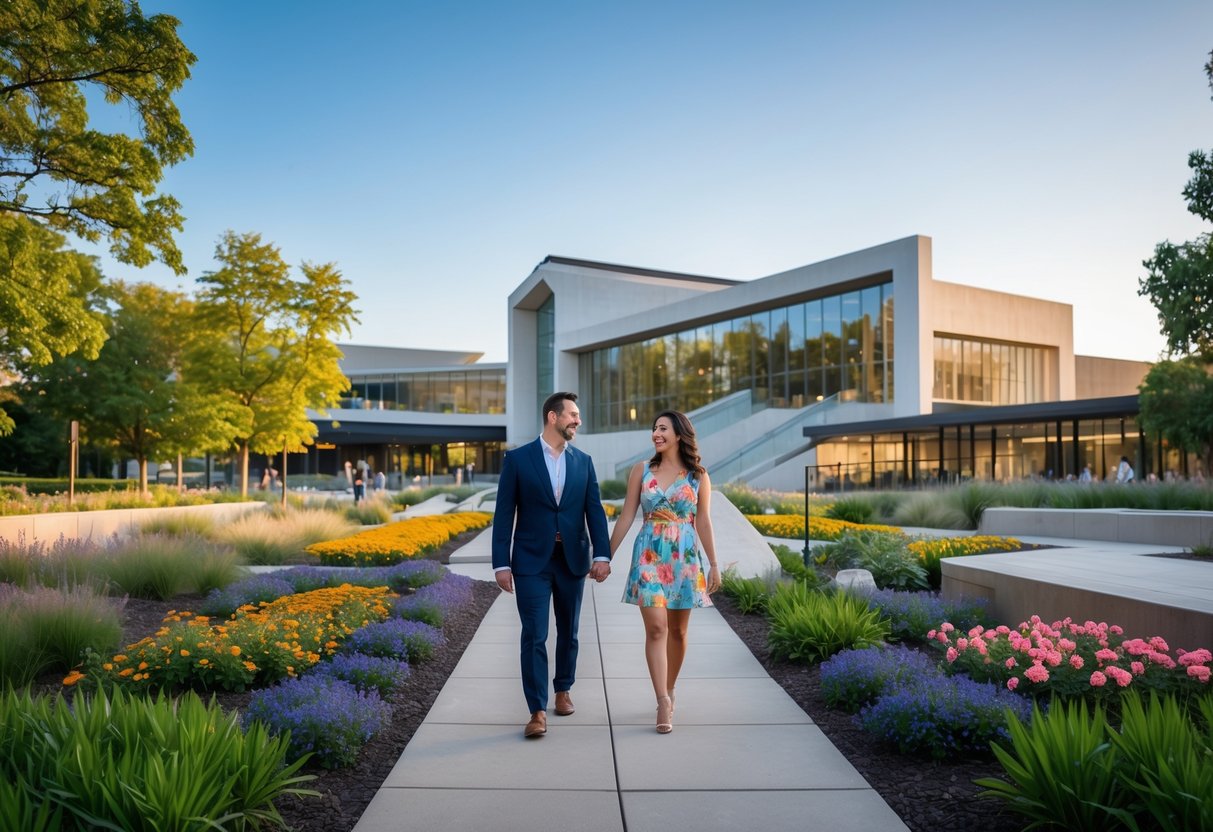 A couple walking hand-in-hand near the Swope Art Museum surrounded by greenery and flowers.