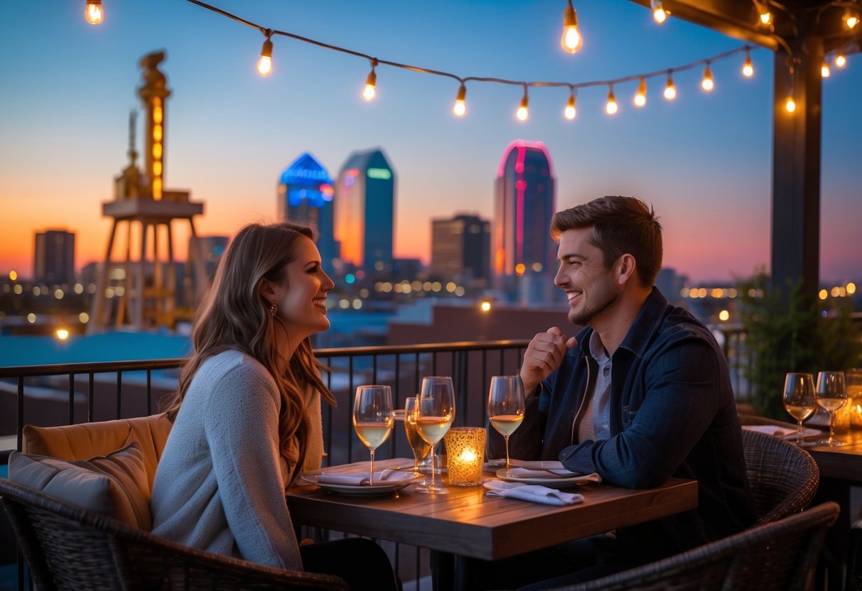 A young couple enjoying a romantic dinner at an outdoor rooftop restaurant with the Tulsa city skyline visible at sunset.