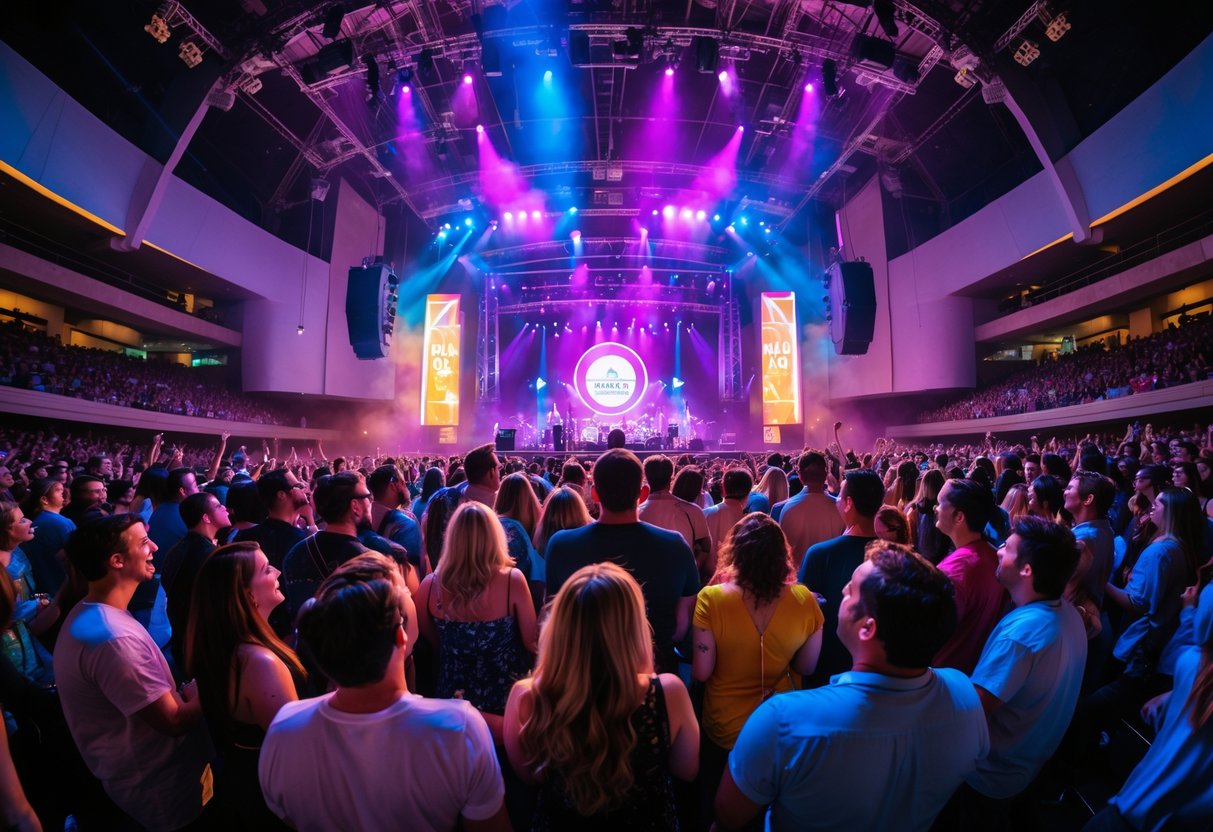 A crowd enjoying a live concert with colorful stage lights at an indoor arena.
