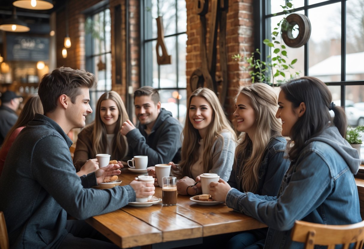 People enjoying coffee and conversation at a cozy coffee shop with rustic decor and natural light.