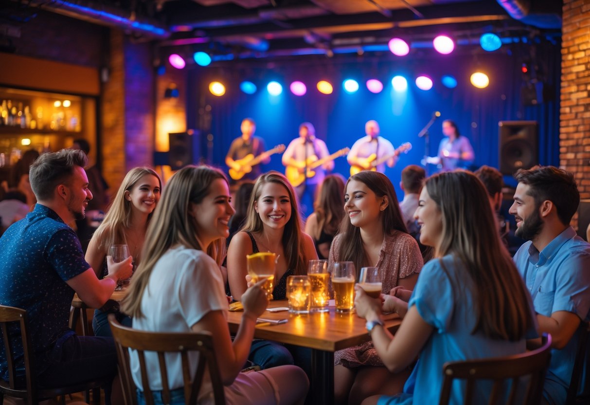 Couples enjoying a live music performance at a cozy indoor venue with a band playing on stage.