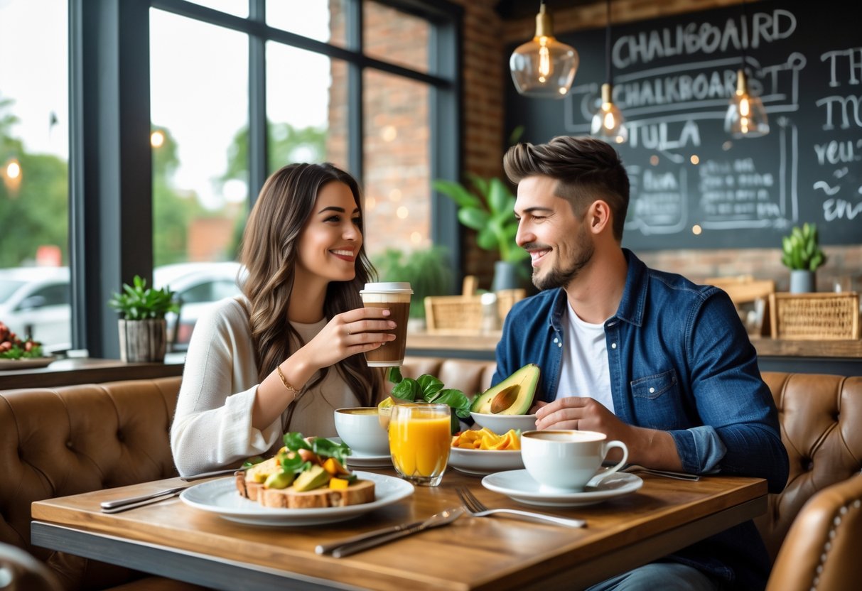 A young couple enjoying brunch at a cozy restaurant table with plates of food and coffee in a warm, well-lit setting.