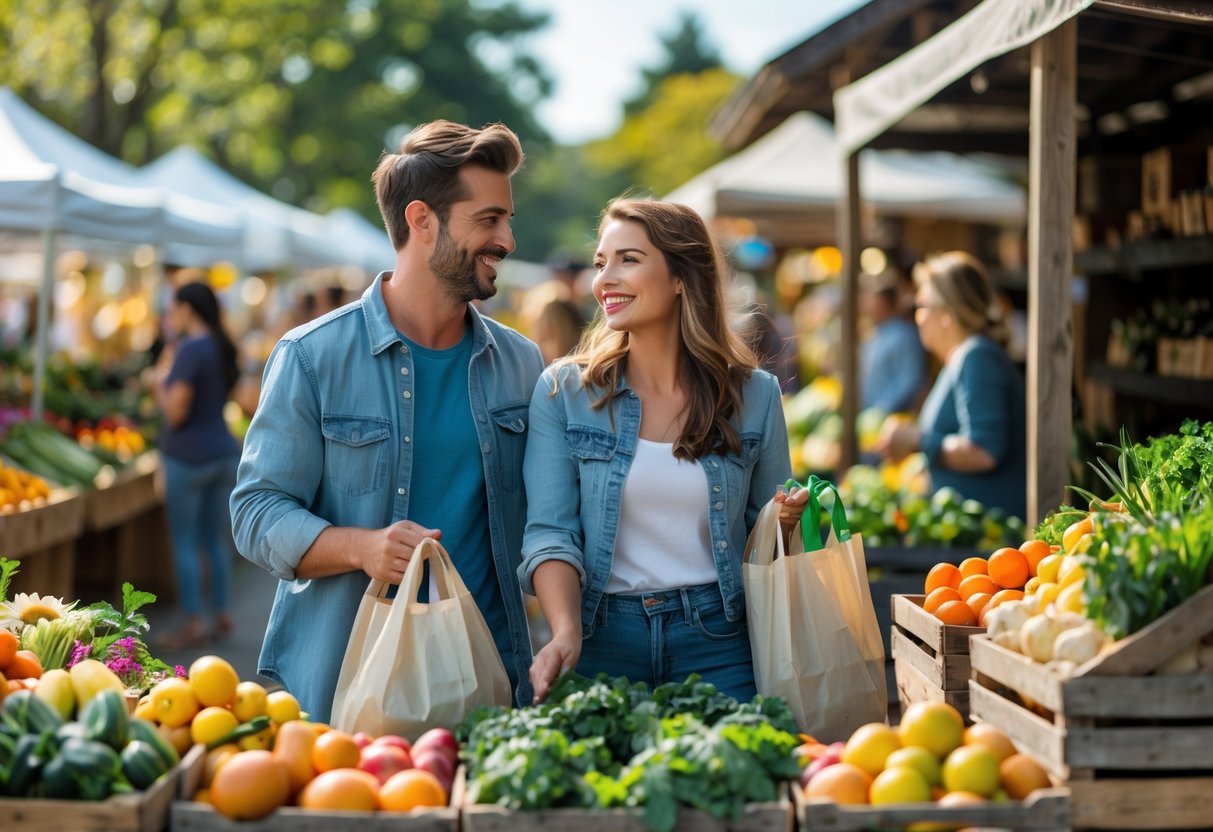 A smiling couple shopping together at a busy outdoor farmers market with colorful fresh produce and other shoppers around them.