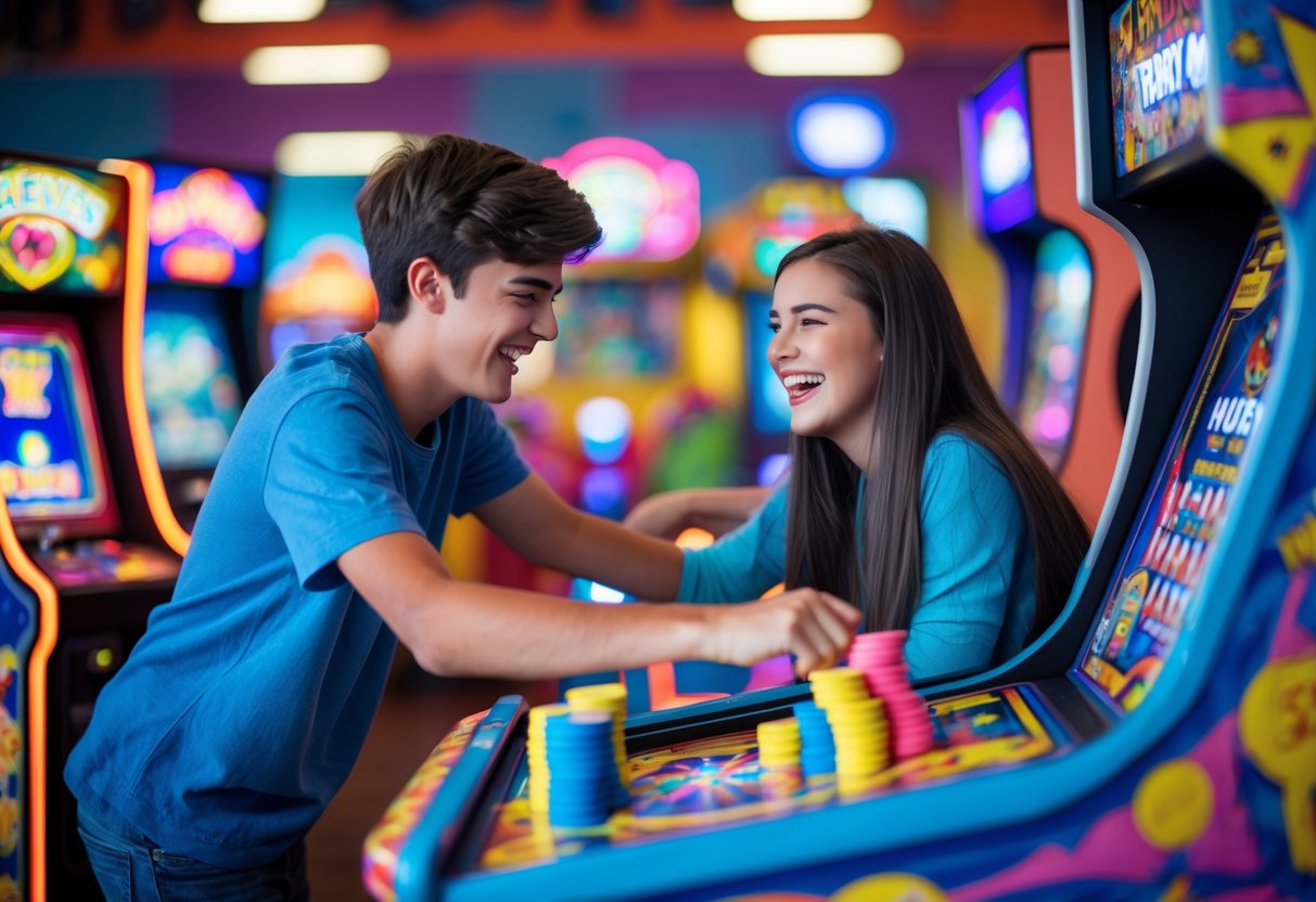 A teenage boy and girl smiling and playing an arcade game together surrounded by colorful tickets inside a lively arcade.