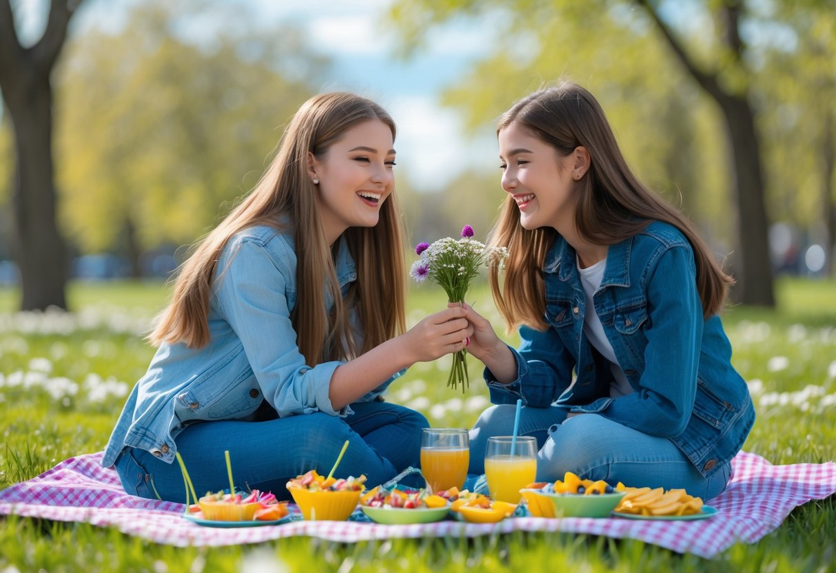 Two teenage friends enjoying a picnic together in a sunny park, smiling and sharing snacks on a blanket.