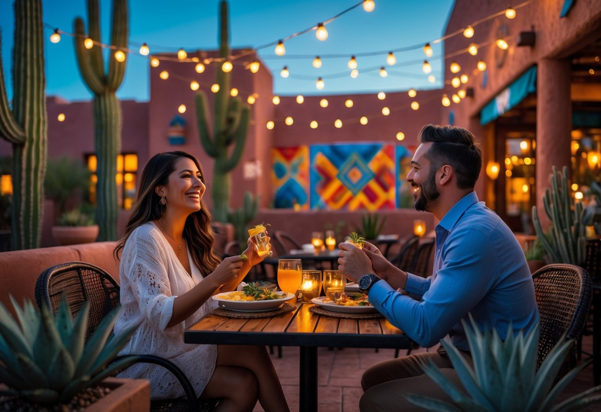 A couple enjoying a date night outdoors at a Tucson restaurant with desert plants and colorful adobe buildings in the background.