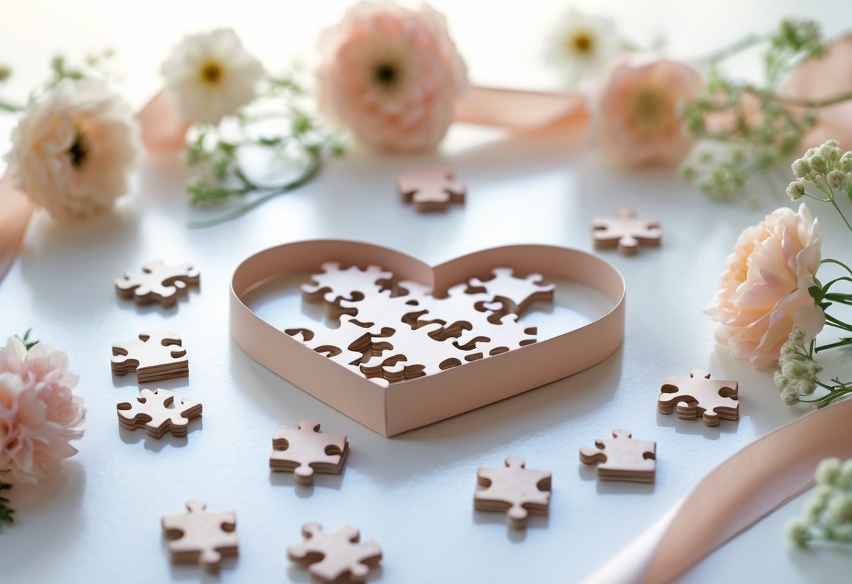 Mini puzzle pieces arranged with wedding-themed decorations on a bright surface.