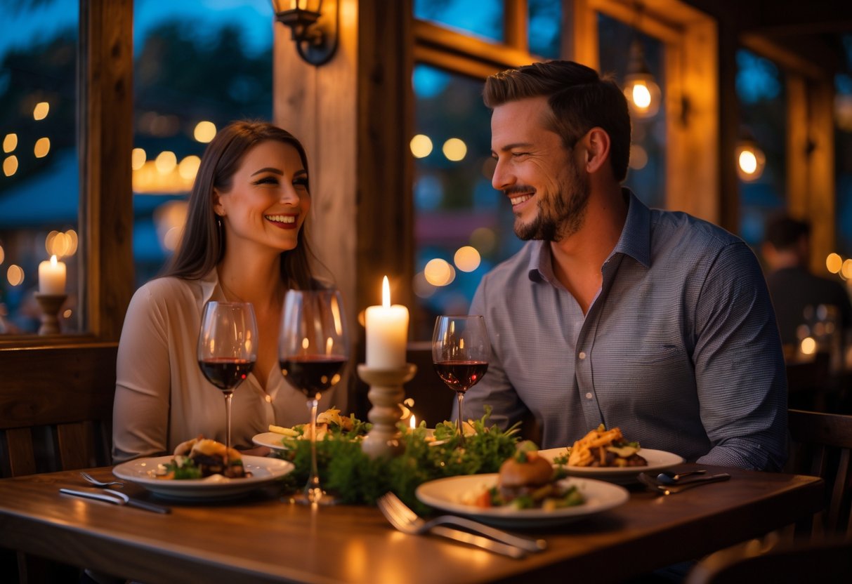 A couple enjoying a romantic dinner at a cozy grill restaurant with warm lighting and a rustic interior.