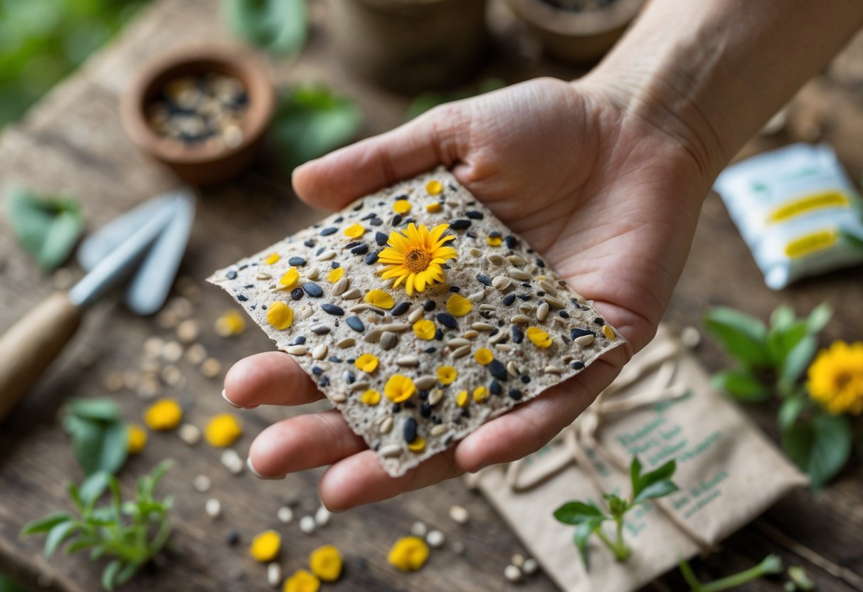 A hand holding textured seed paper embedded with wildflower seeds surrounded by gardening tools and flower petals on a wooden surface.
