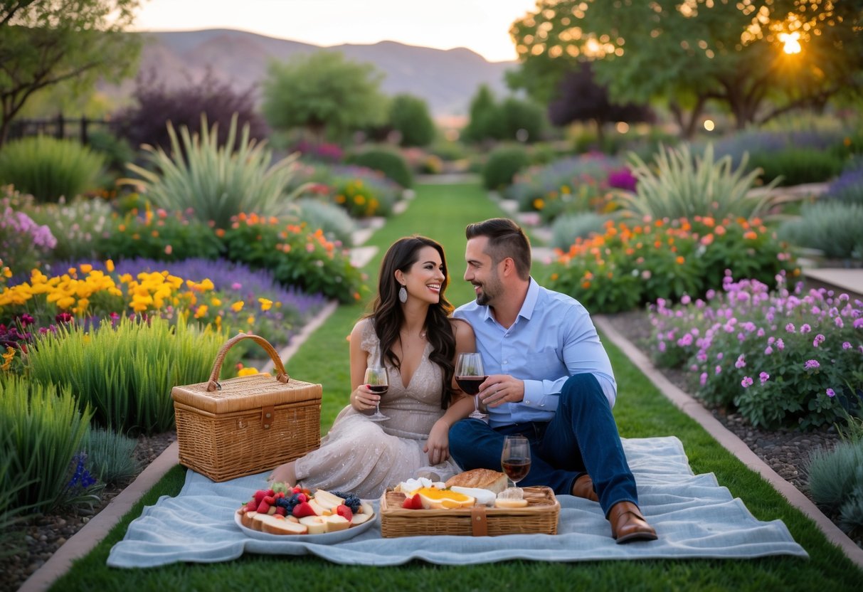 A couple enjoying a romantic picnic surrounded by colorful flowers and greenery in a garden at sunset.