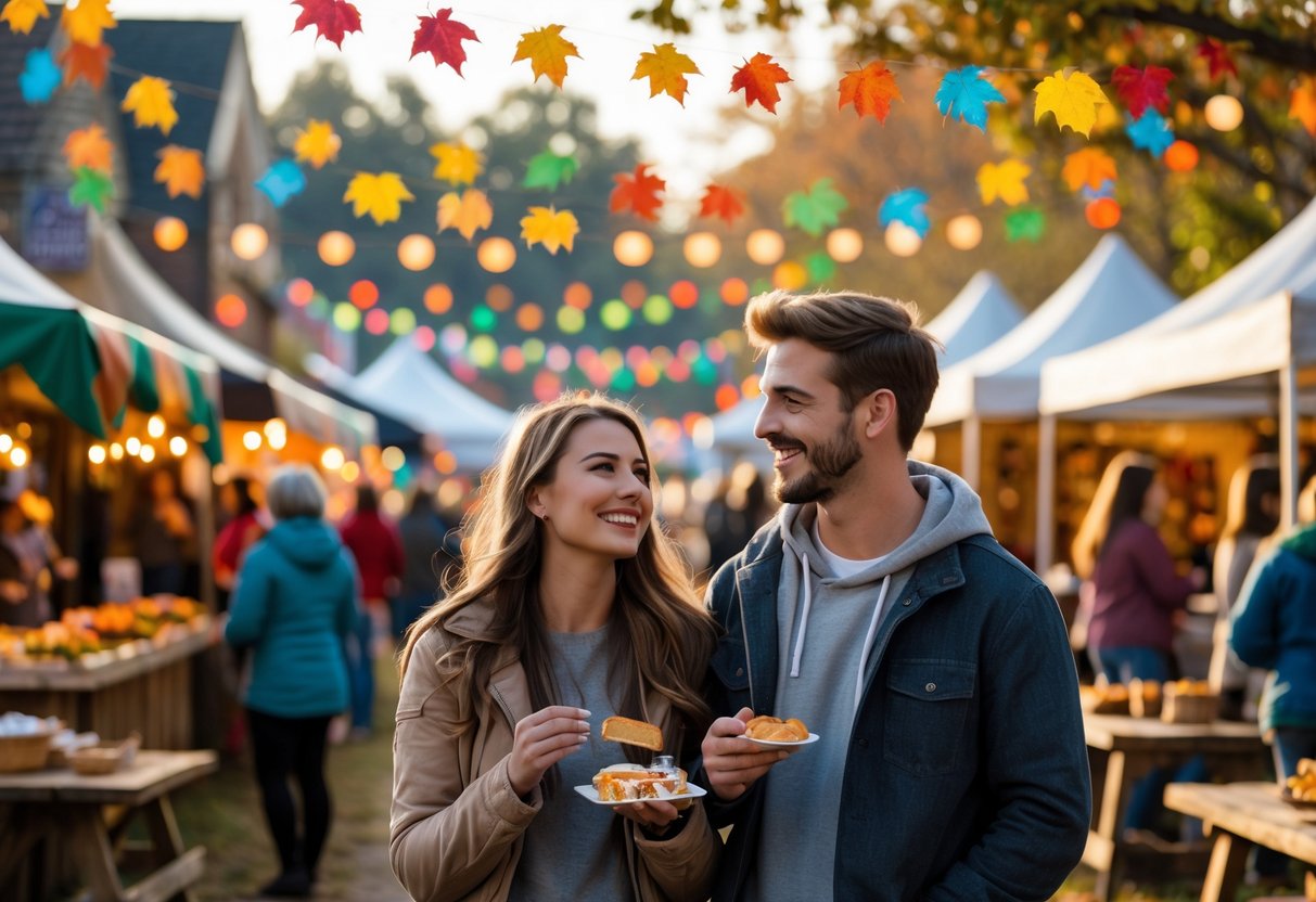 A young couple enjoying a seasonal festival outdoors with colorful decorations and food stalls around them.