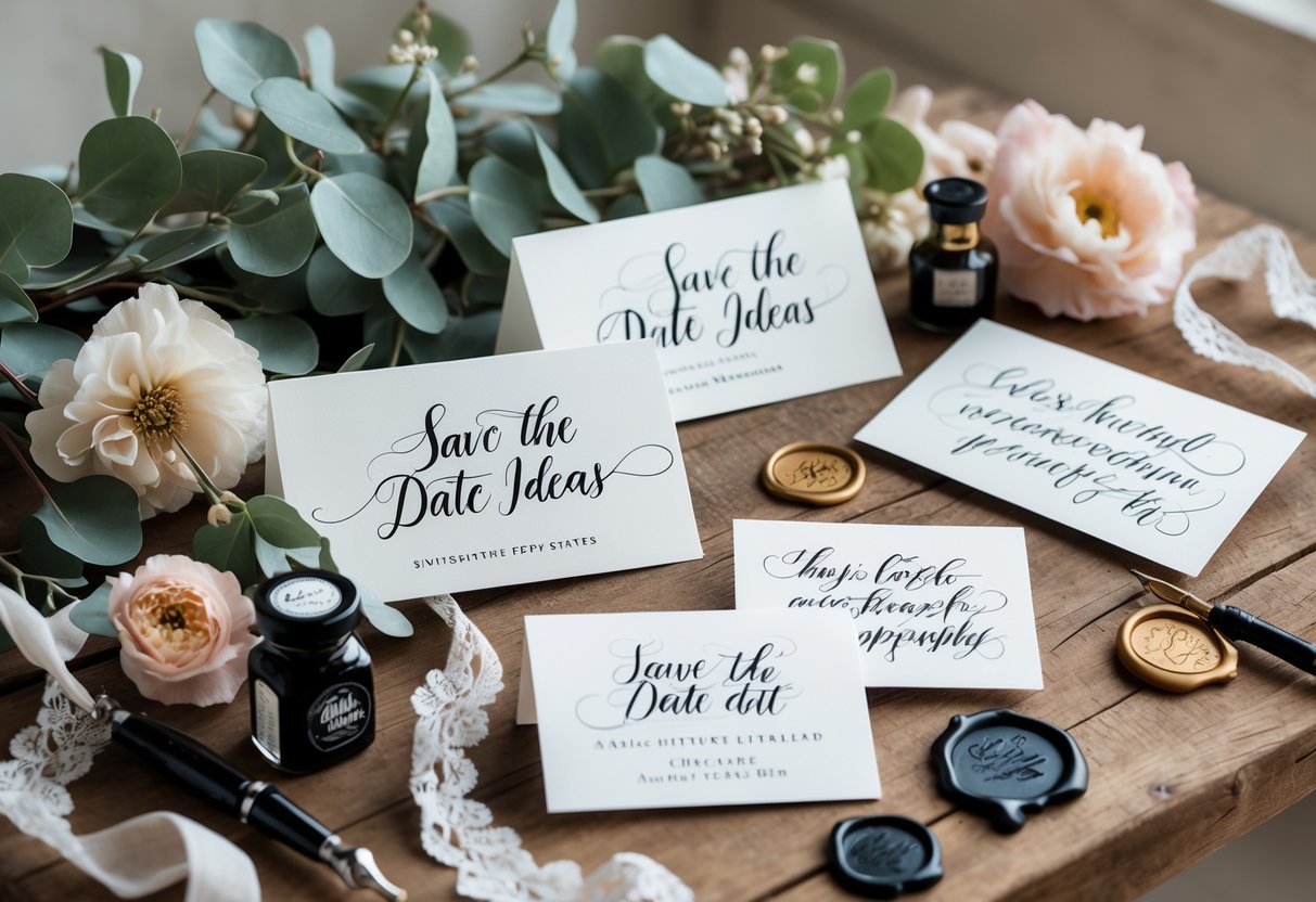 A collection of beautifully arranged calligraphy cards with flowers and calligraphy tools on a wooden table.