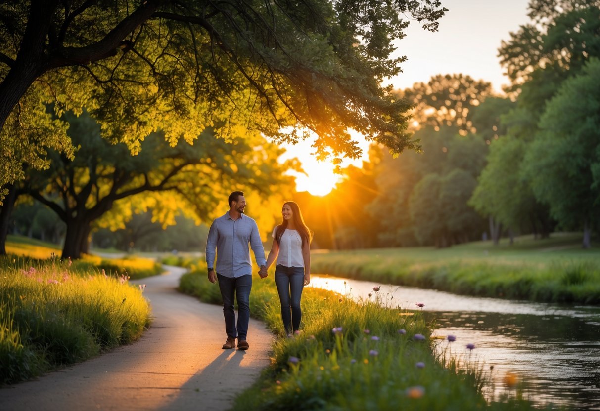 A couple walking hand-in-hand along a tree-lined path near a creek at sunset in a park.