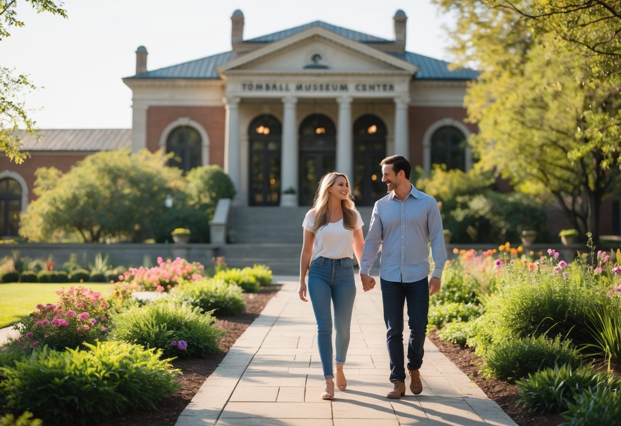 A couple walking hand in hand along a pathway near a historic museum building surrounded by greenery and flowers.