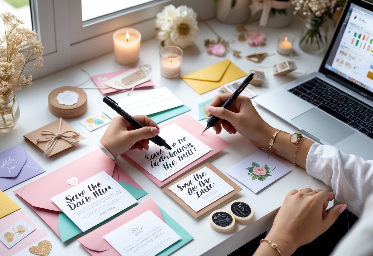 Hands customizing colorful save the date cards on a desk with craft supplies and wedding decorations nearby.