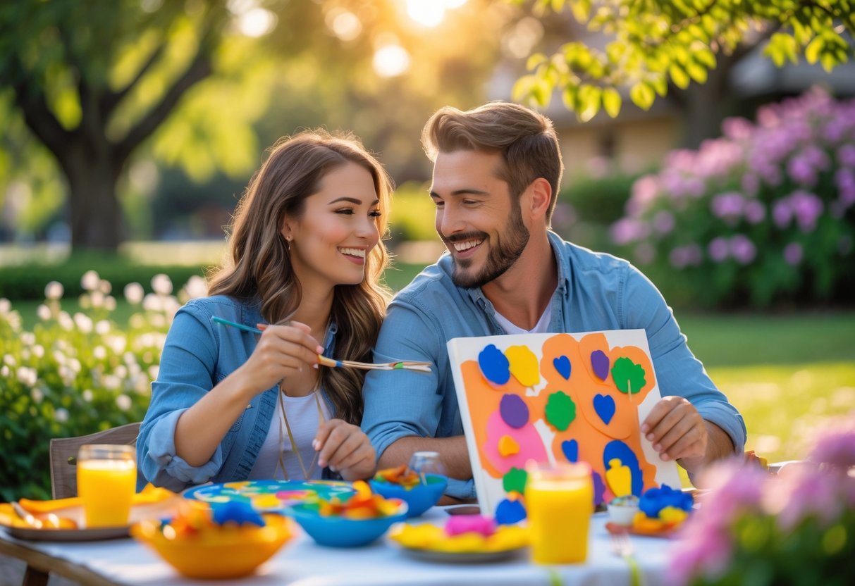 A couple enjoying a creative outdoor date in a sunny park surrounded by greenery and flowers.