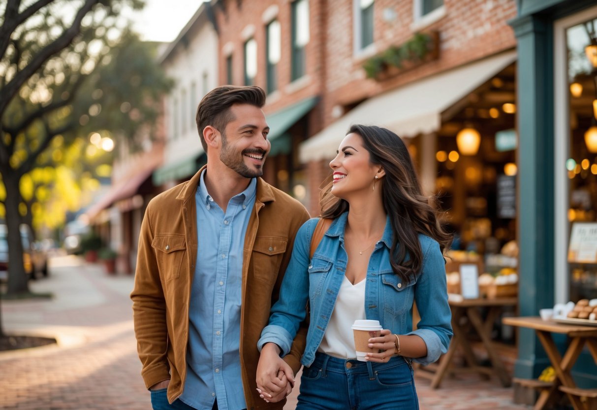 A couple enjoying a date outdoors in a small-town street with brick buildings and trees in the background.