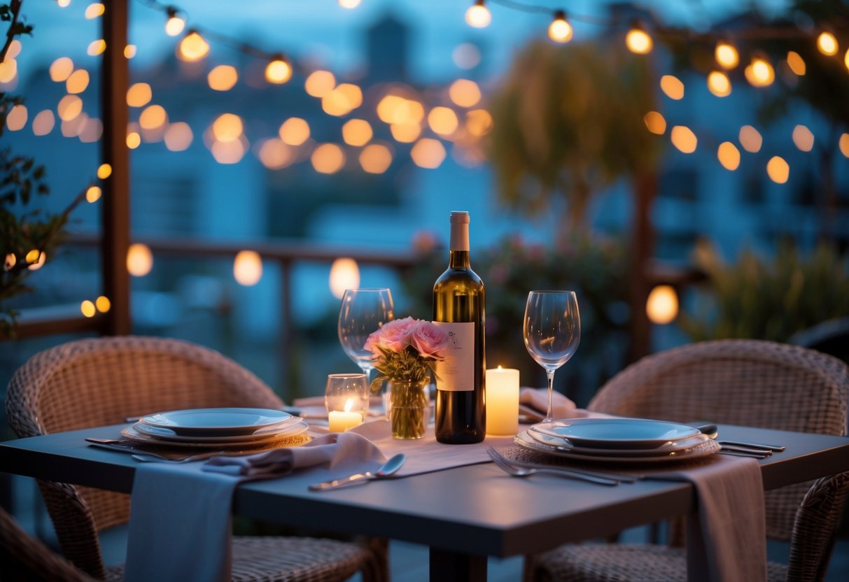 A romantic outdoor dinner table set for two with candles, wine glasses, and soft lighting in an evening setting.