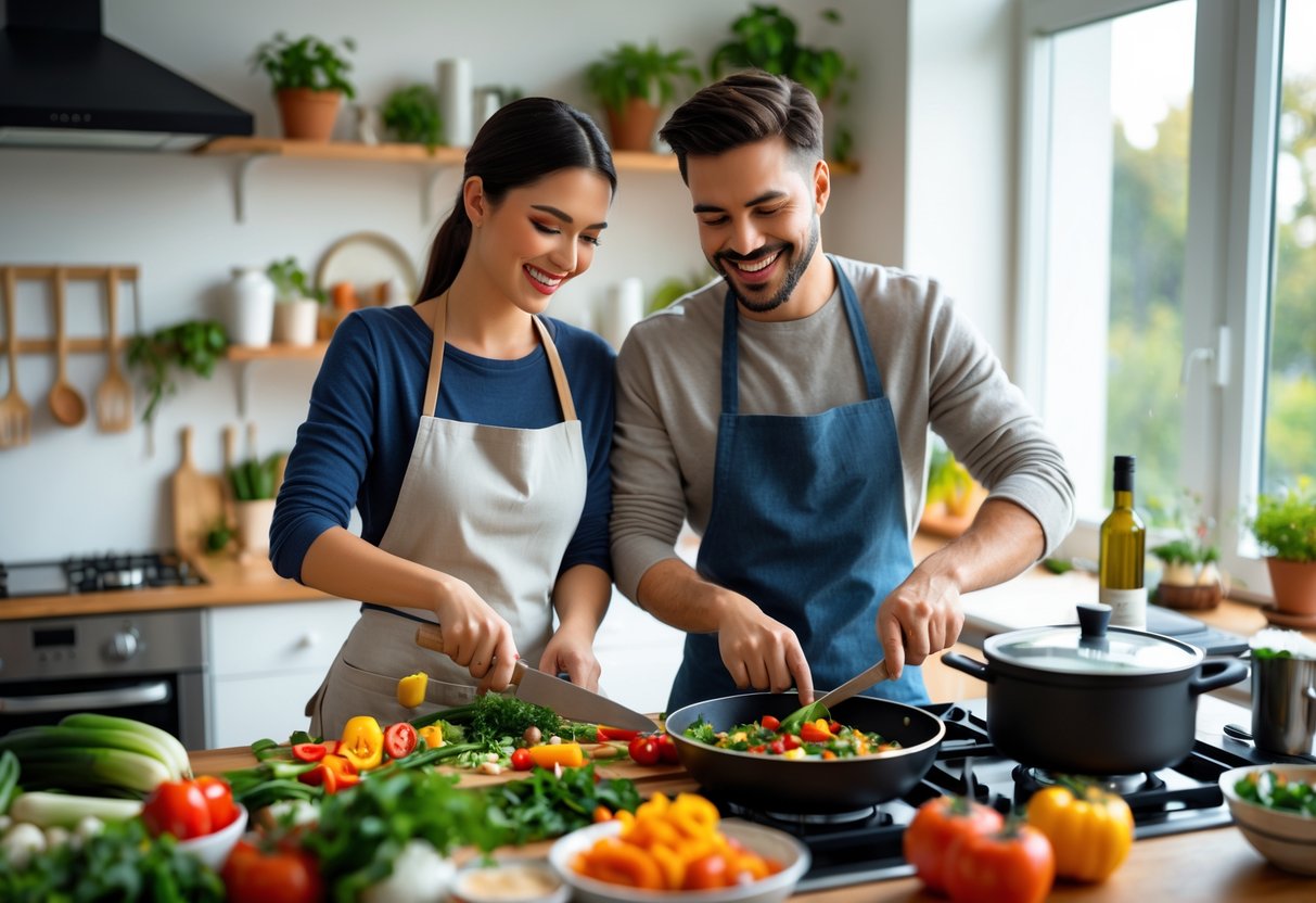 A couple cooking together in a bright kitchen, preparing a themed dinner with fresh ingredients on the counter.