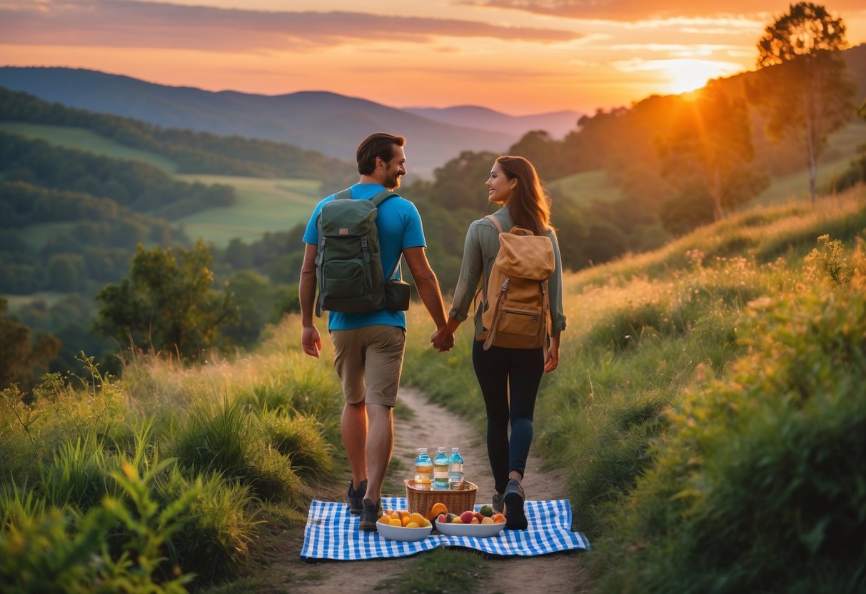 A couple hiking on a trail at sunset with packed snacks, surrounded by greenery and hills.