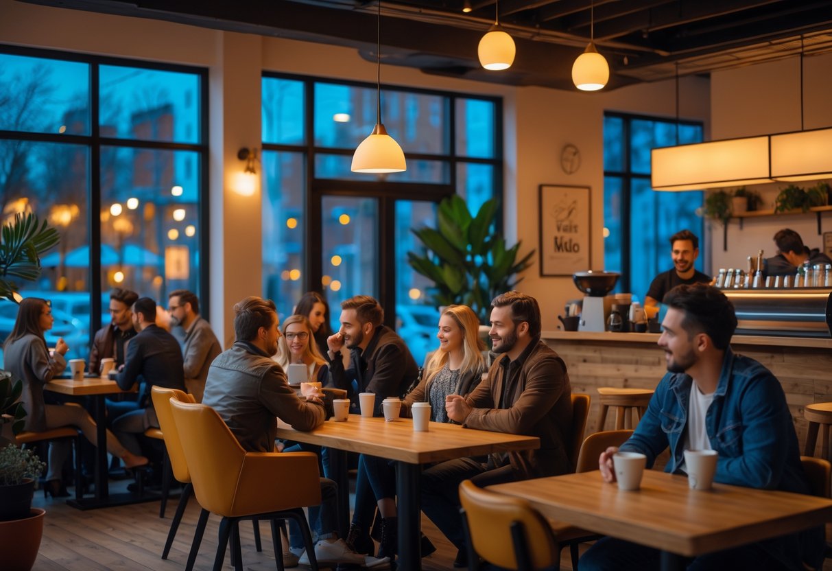 People sitting and chatting inside a cozy coffee shop in the evening, with warm lighting and a barista behind the counter.