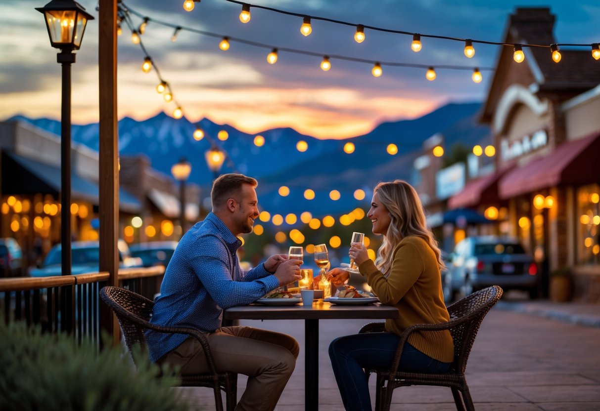 A couple enjoying a romantic dinner outdoors with mountains and a small town street in the background at sunset.