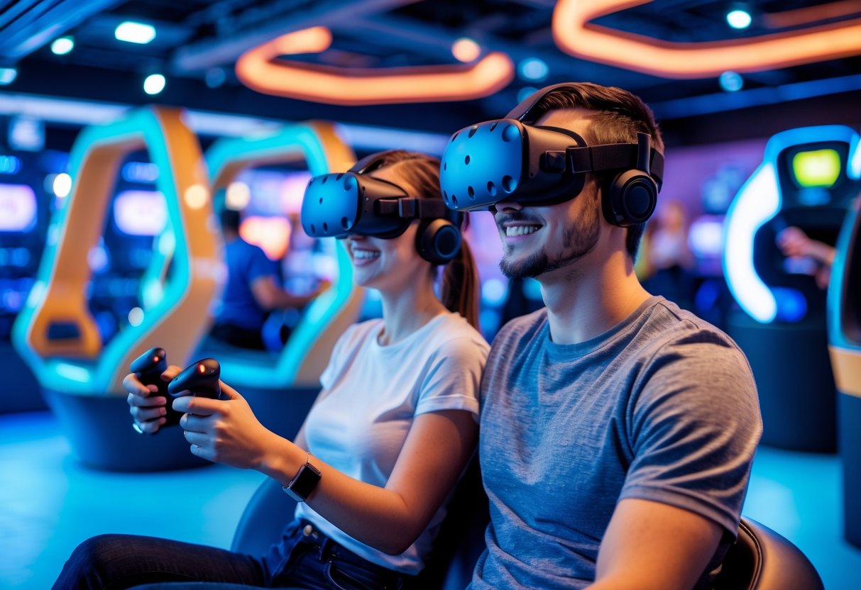 A young couple wearing virtual reality headsets and holding controllers, playing a game together at a VR arcade.