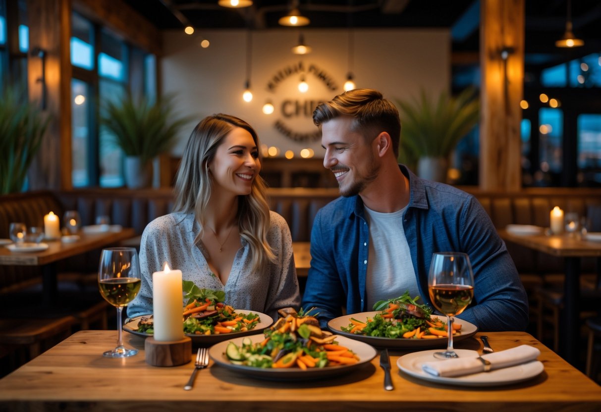A couple enjoying a farm-to-table dinner together at a cozy restaurant with warm lighting and wooden decor.