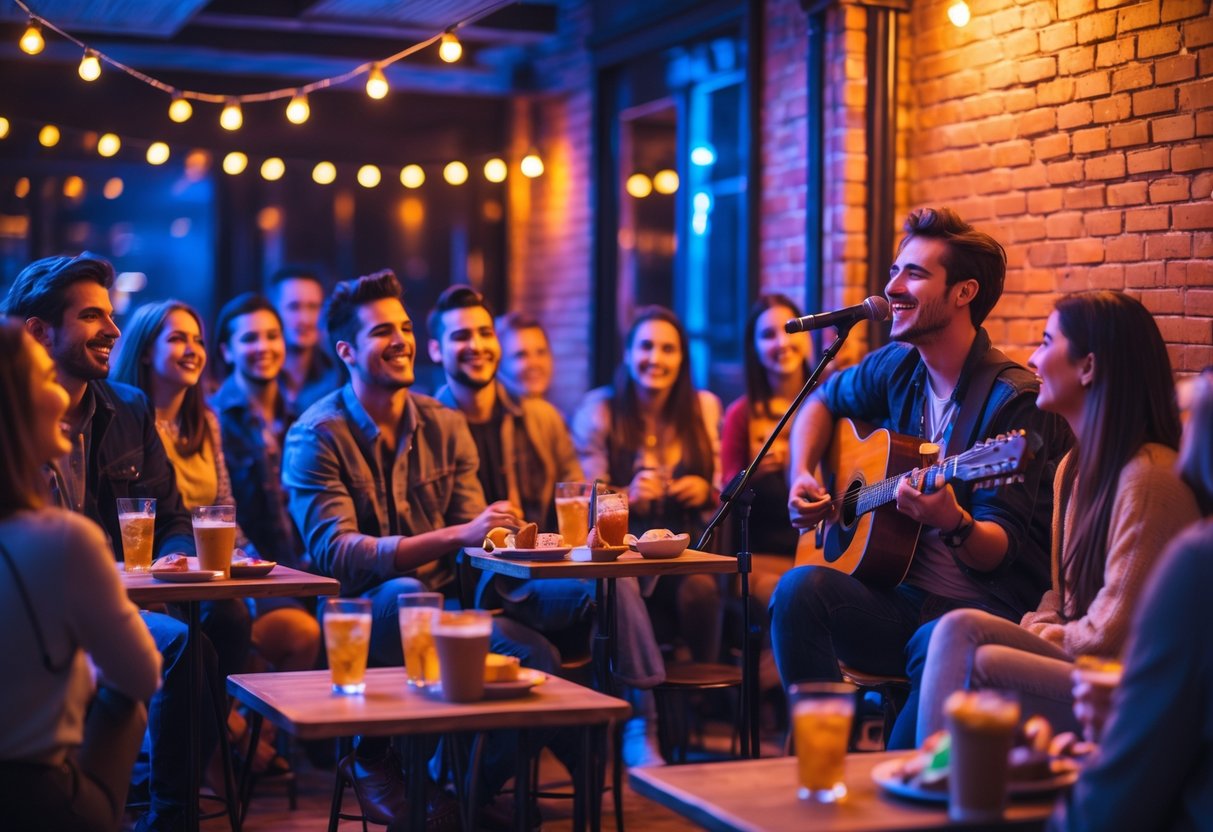 People enjoying a live music performance at a cozy indoor venue with a singer playing guitar on stage.