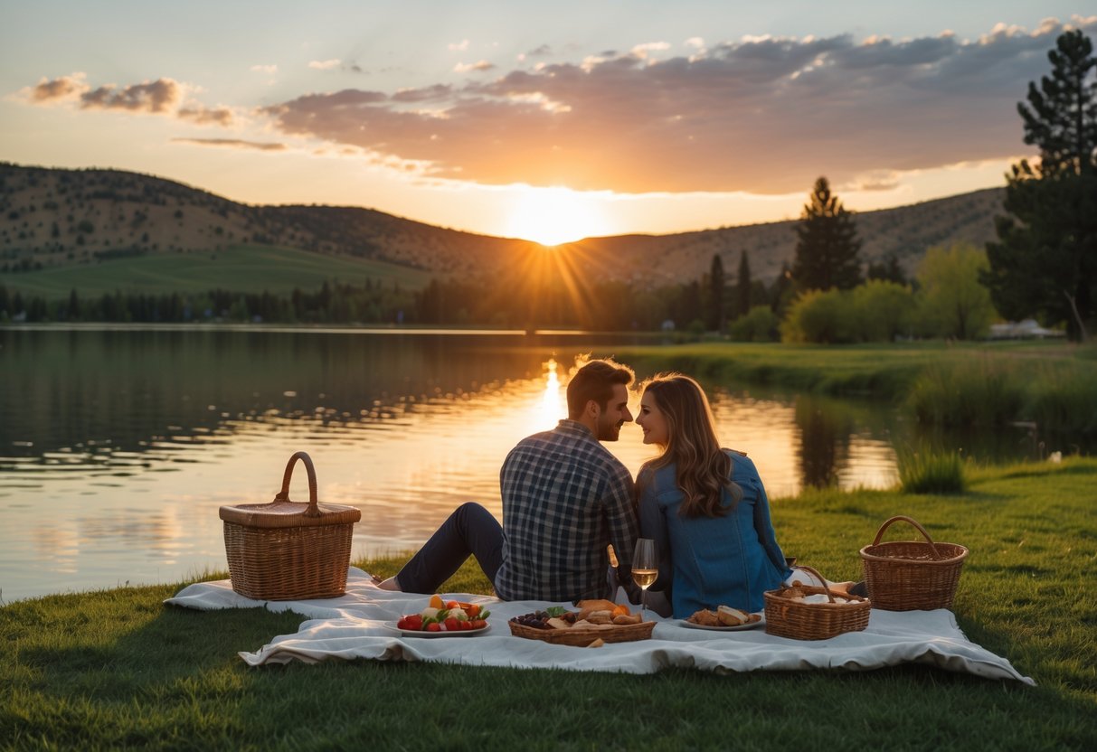 A couple having a sunset picnic near a lake with hills and trees in the background.