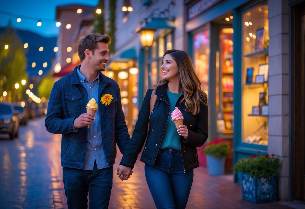 A young couple walking hand-in-hand enjoying gelato on a lively downtown street with shops and cafes in the evening.