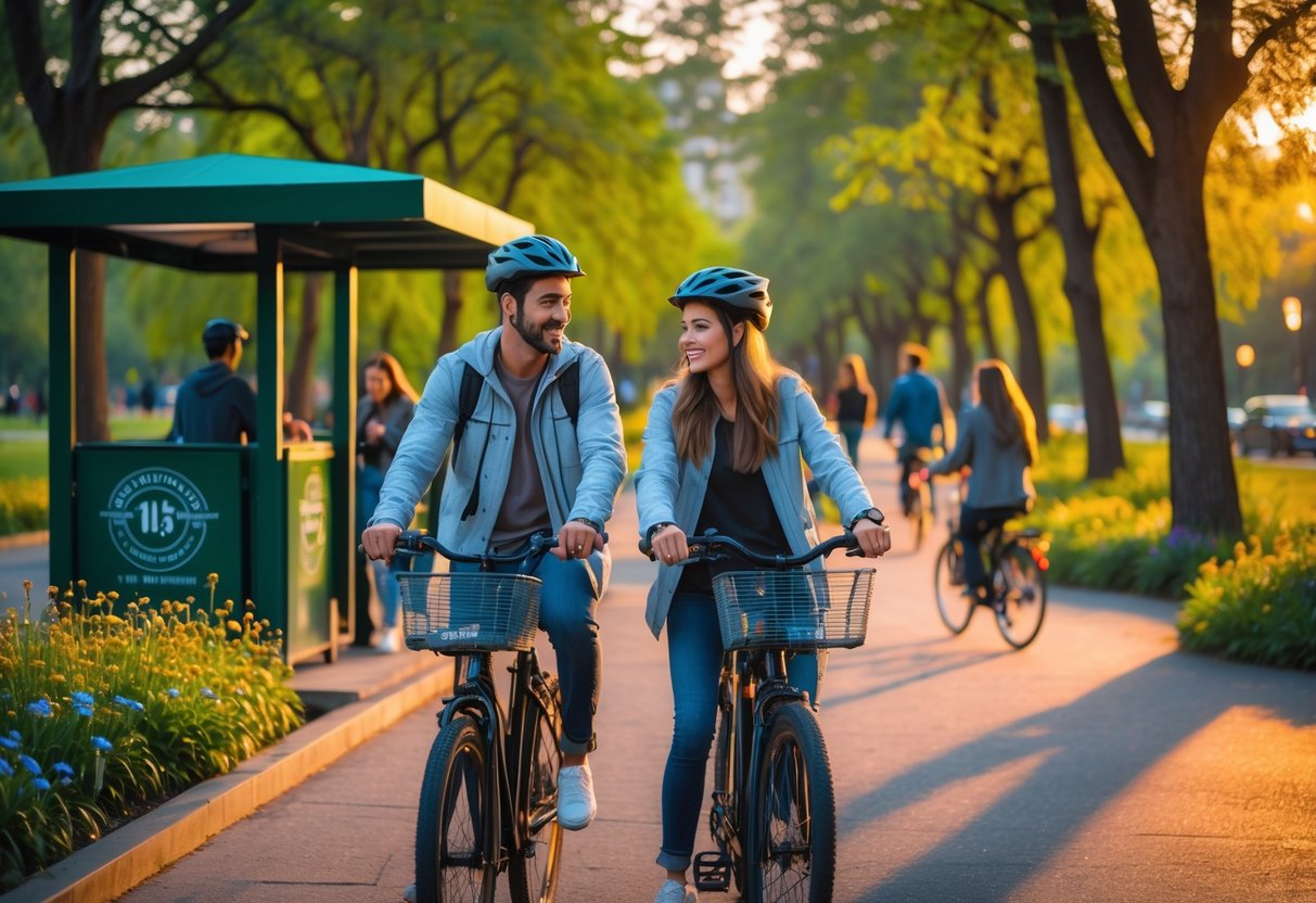 A young couple renting bicycles near a green park path in the early evening, preparing to ride together.