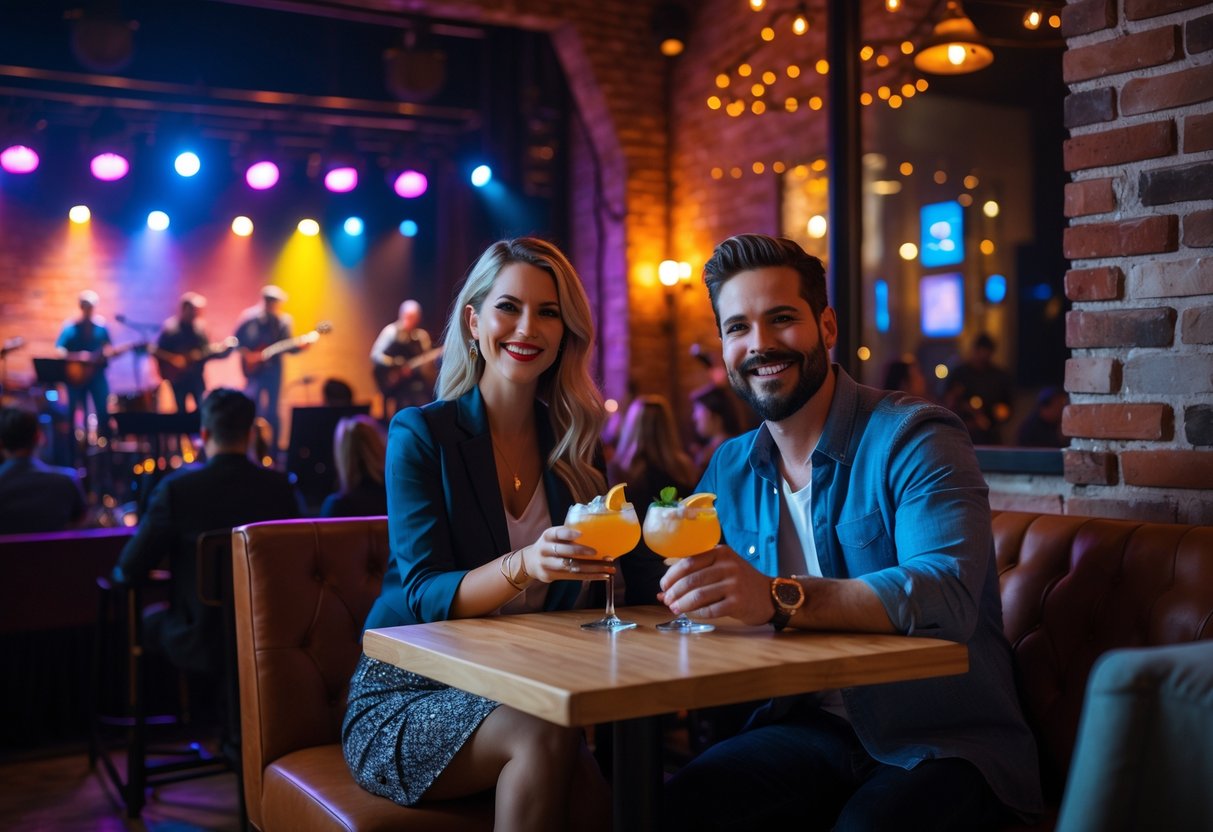 A couple enjoying live music and craft cocktails at a cozy music venue with a band performing on stage in the background.