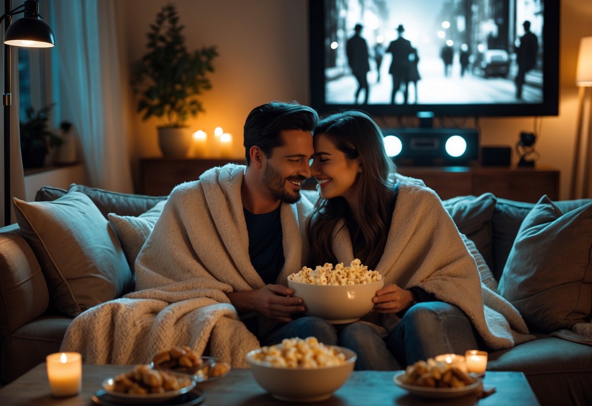 A couple sitting on a sofa enjoying a classic movie night with homemade popcorn in a cozy living room.