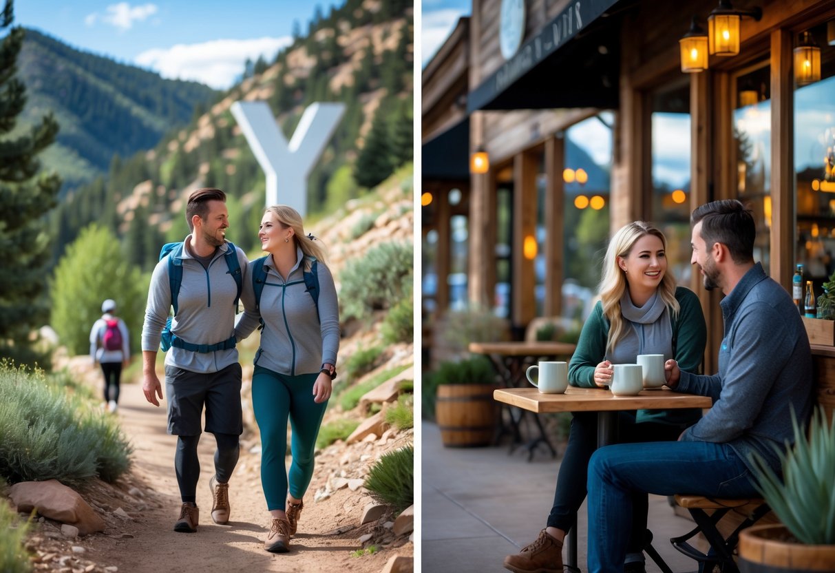 A couple hiking on the Y Trail in Utah County and then enjoying coffee together at a nearby outdoor café.