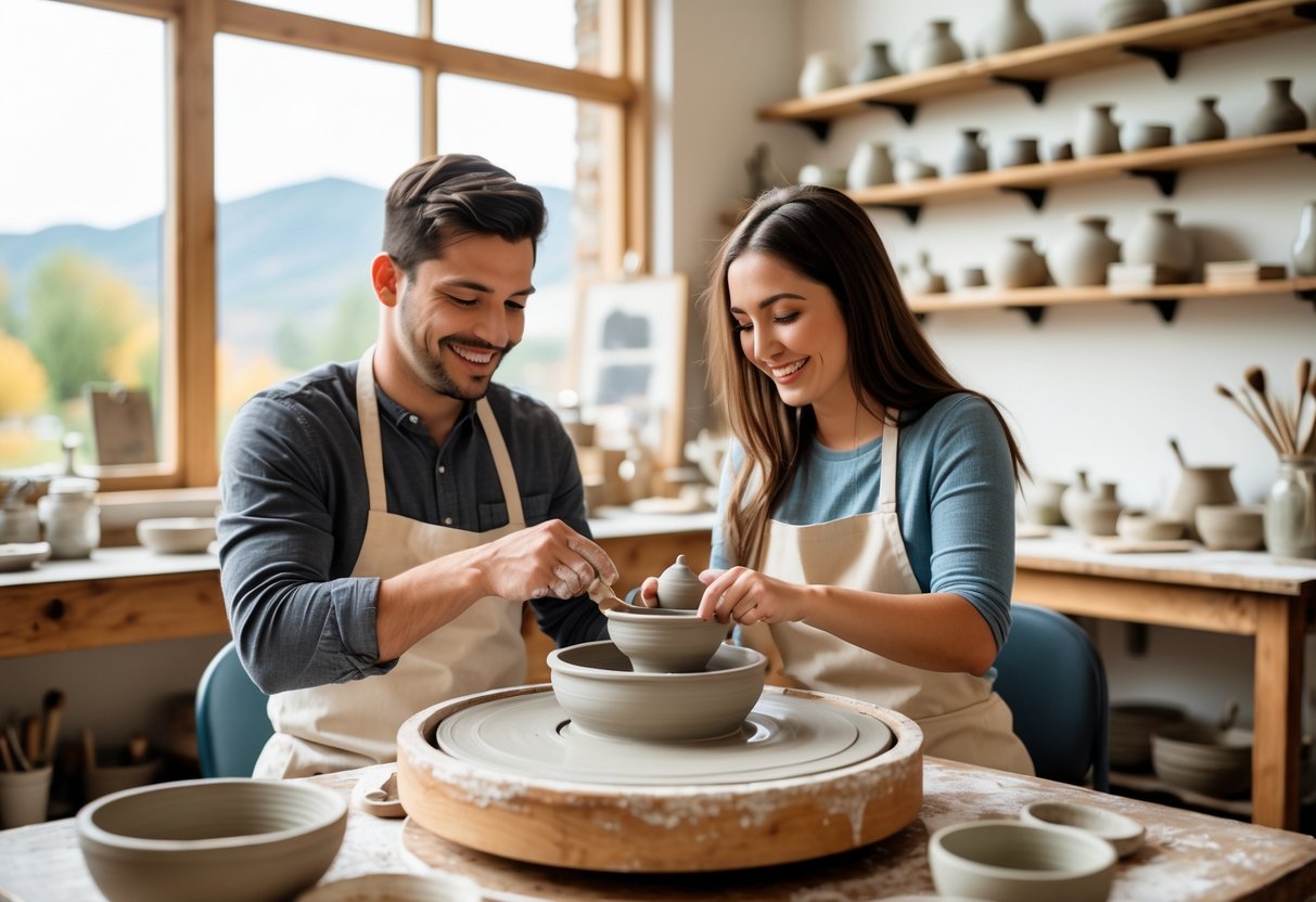 A couple shaping clay together at a pottery wheel inside a bright art studio.