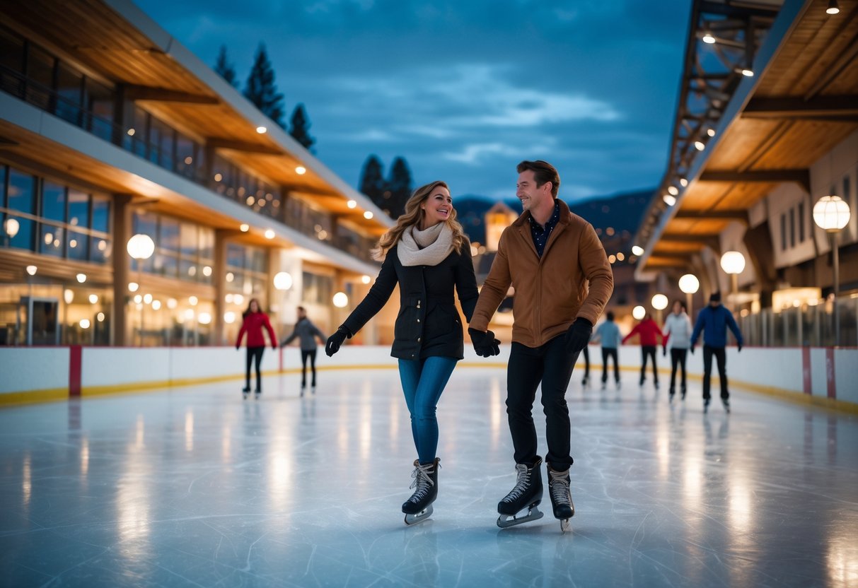 A young couple ice skating together on an indoor ice rink, holding hands and smiling.