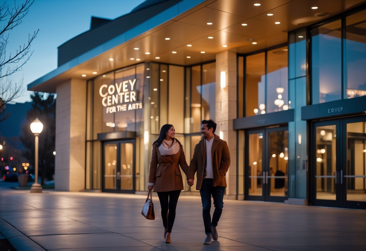 A young couple walking hand-in-hand outside a modern arts center at night, smiling and enjoying their date.